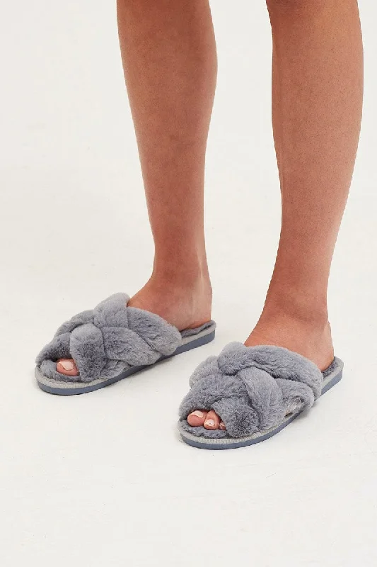 Grey Faux Fur Slippers