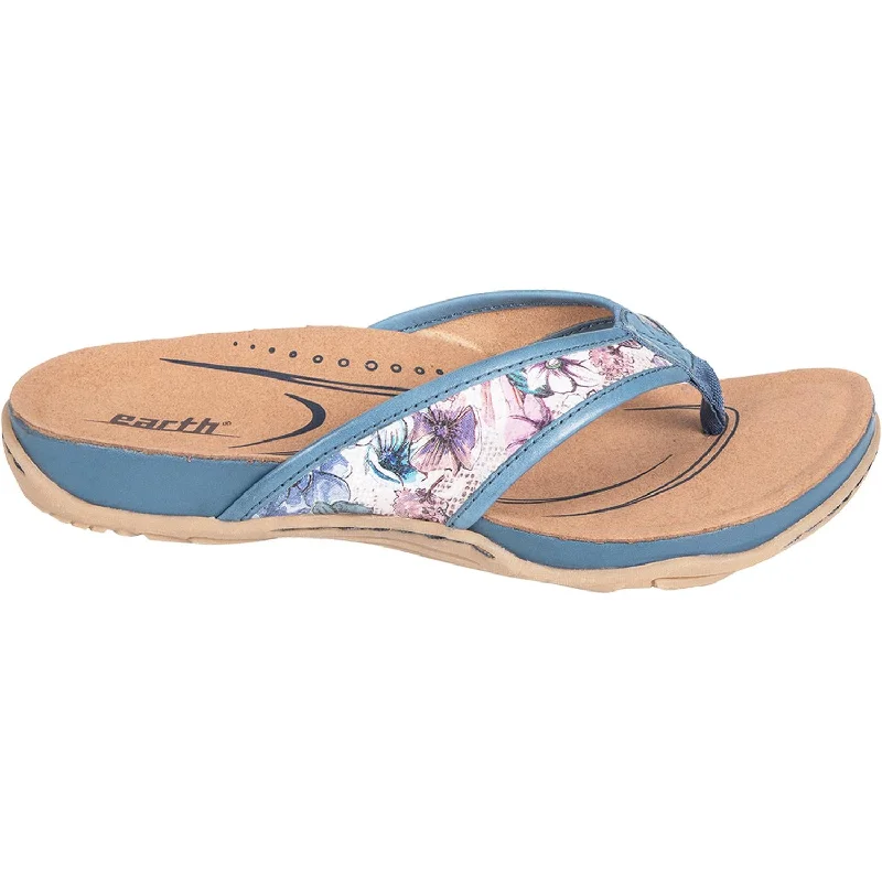 classic flip-flop sandals for the beach -Women's Earth Maya Blue Floral Print Leather