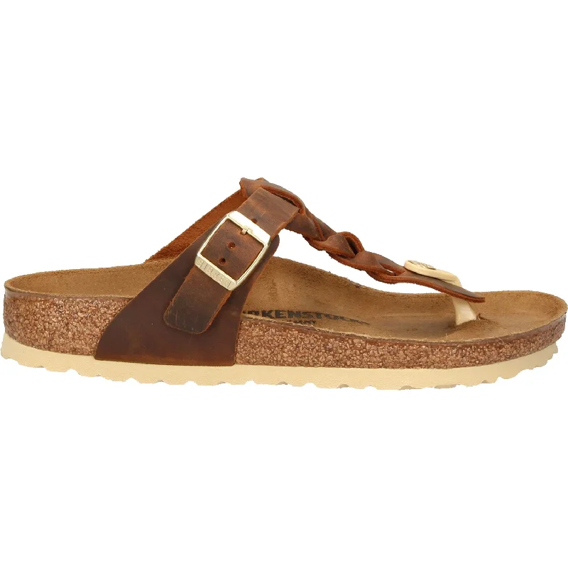 sandals for sightseeing trips in tropical climatesWomen's Birkenstock Gizeh Braid Cognac Oiled Leather