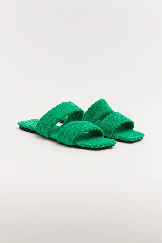 Green Square Toe Toweling Detail Slippers