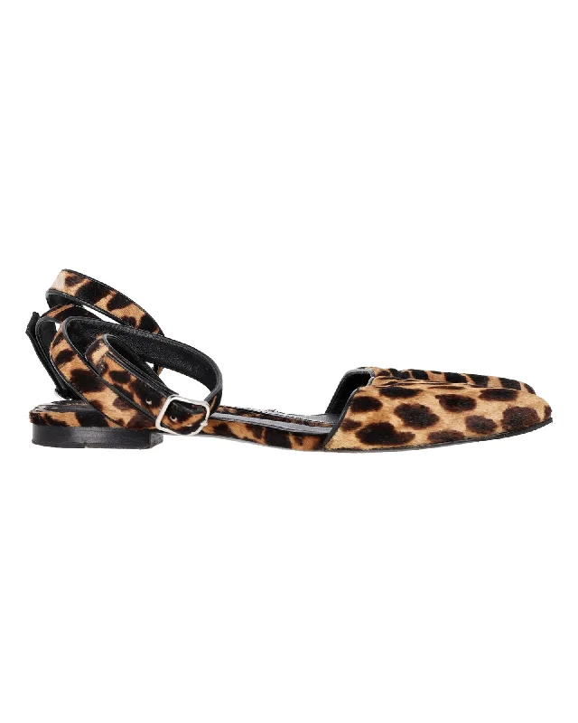 Alexander Wang Lara Leopard-Print Ankle-Wrap d'Orsay Flats in Brown Calf Hair