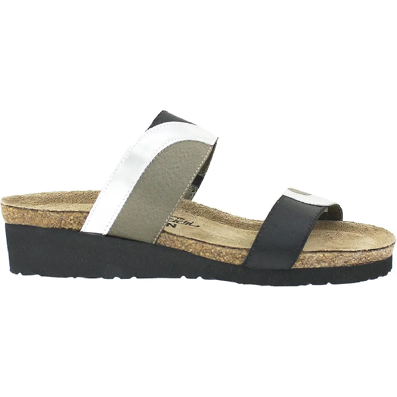 sandals with leather straps for outdoor use -Women's Naot Frankie Silver/Black/Khaki Leather/Elastic