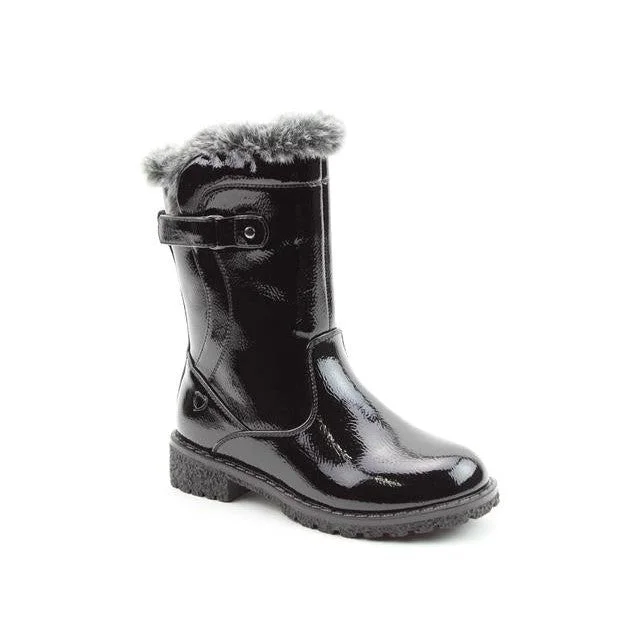 Stylish boots with fur trim for winter snow-Heavenly Feet Charlotte Girls Black Patent Side Zip Knee High Boots