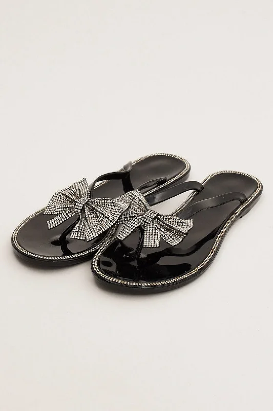 Black Rhinestone and Bow Decor Slippers