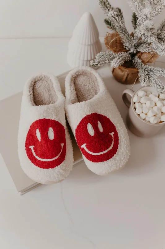 Red Smiley Face Faux Plush Slippers