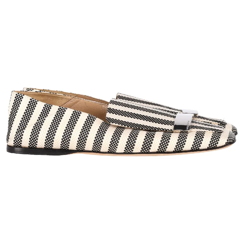 Sergio Rossi  SR1 Stripe Jacquard Embellished Collapsible-Heel Loafers in Black and White Leather