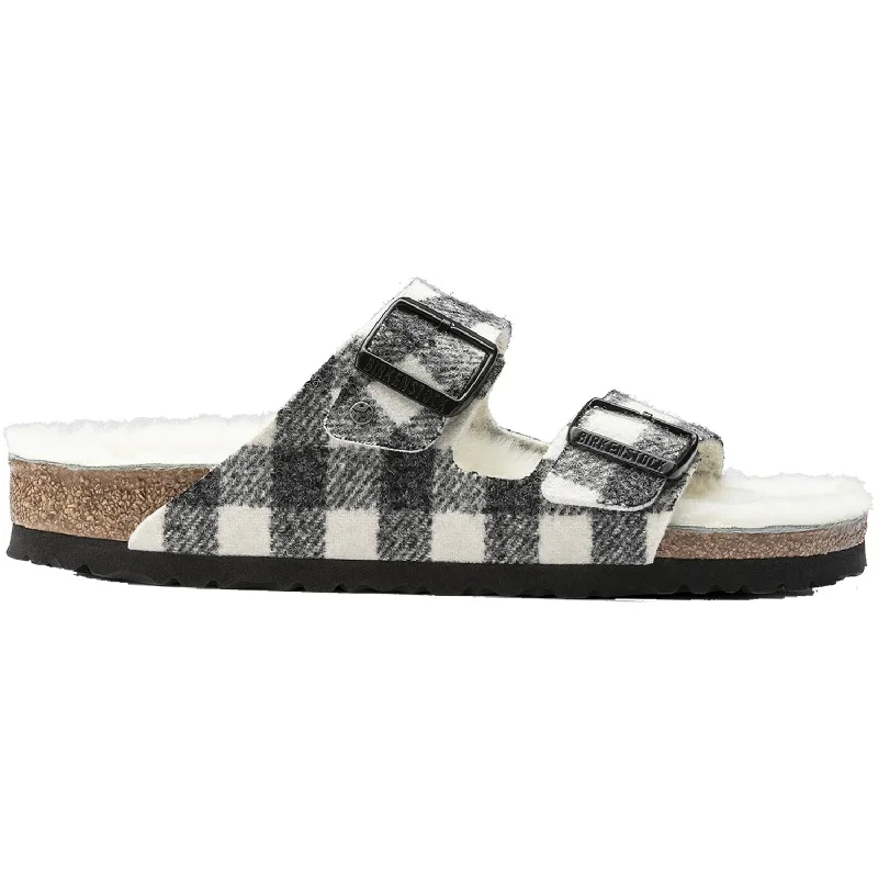 sandals with thick soles for outdoor activities -Women's Birkenstock Arizona Shearling Plaid White Natural Wool