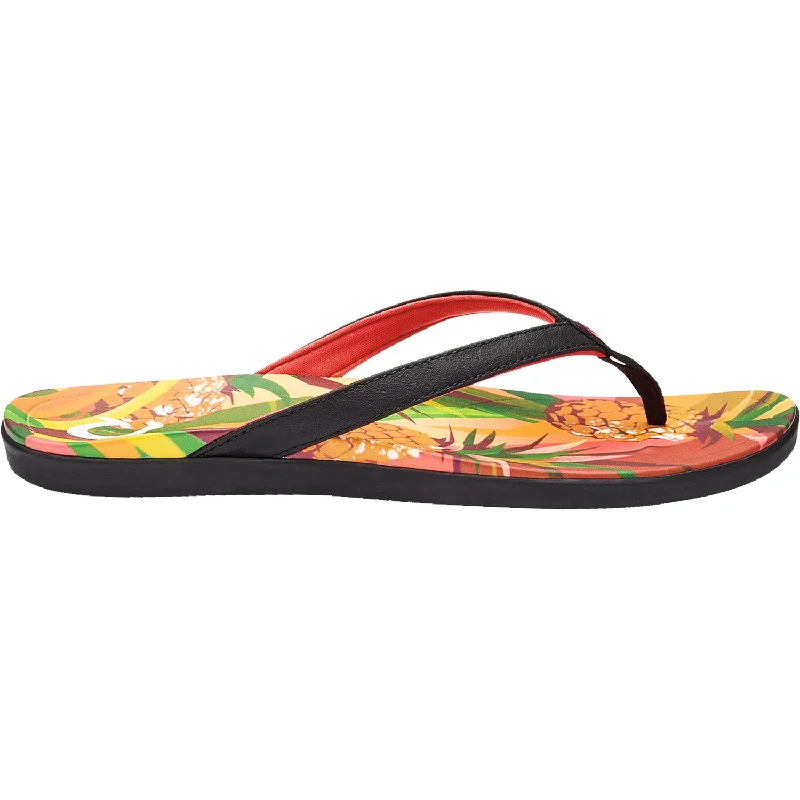 comfortable sandals for sightseeing in comfort -Women's OluKai Ho'opio Hau Black/Pineapple Synthetic