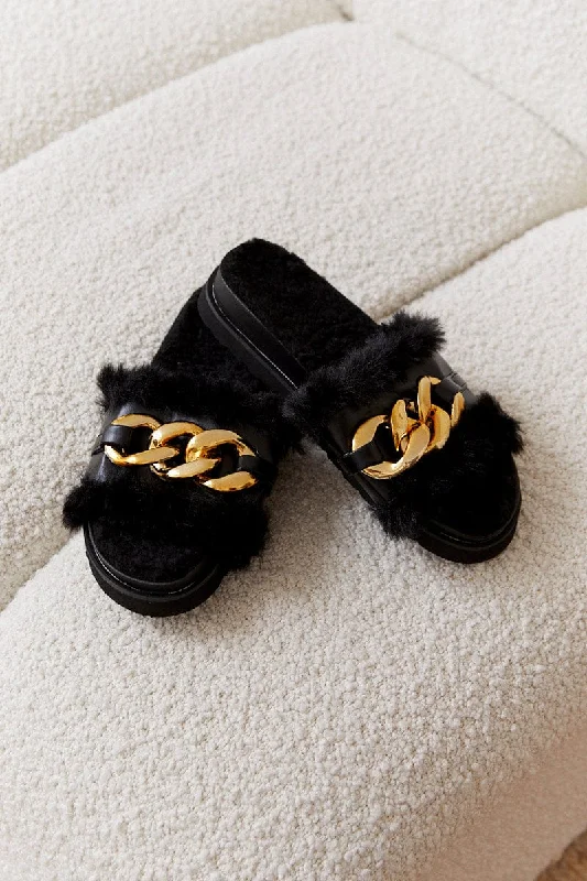 Black Faux Fur Chain Slippers