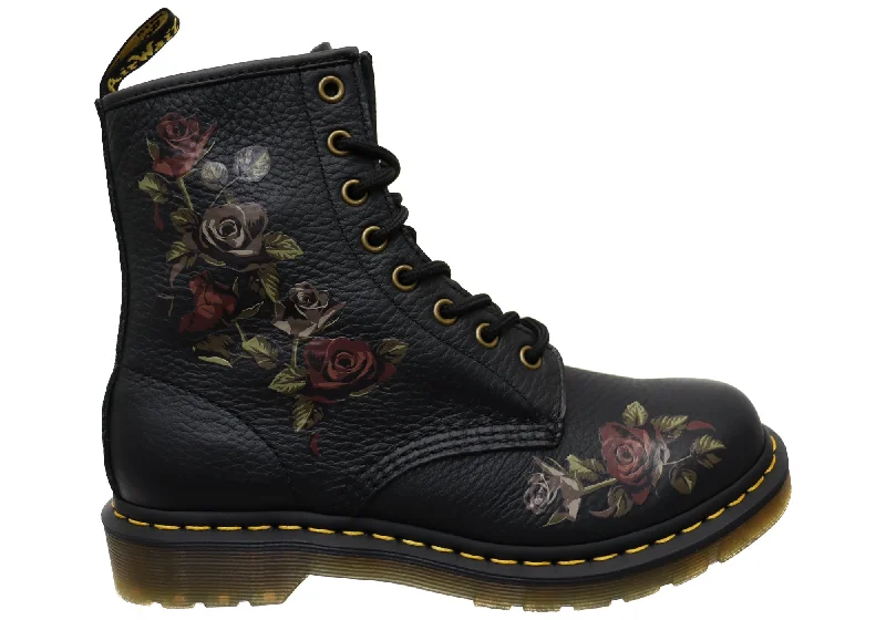 Trendy winter boots with low heel-Dr Martens Womens 1460 8 Eye Decayed Roses Nappa Leather Boots