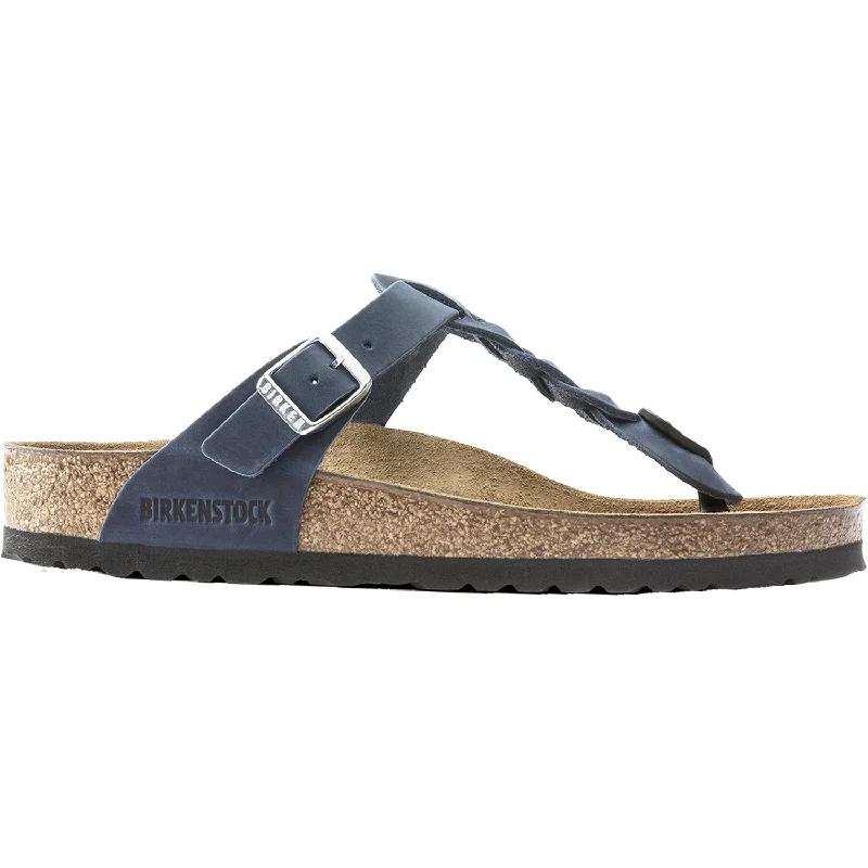 sandals for hiking in warm climates -Women's Birkenstock Gizeh Braid Navy Oiled Leather