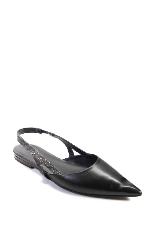 Brunello Cucinelli Womens Pointed Monili Slingback Flats Black Leather