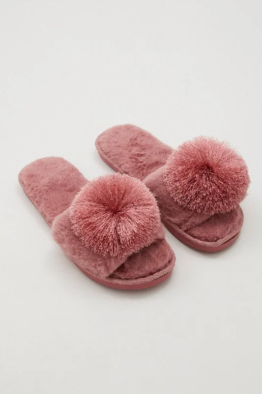 Pink Plush Pom Pom Detail Mule Slippers