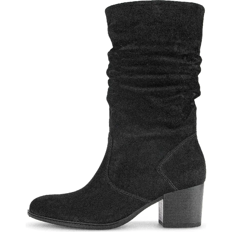 Cozy boots for fall with faux fur-Gabor Ramona 52.894.47 Ladies Black Wide Suede Side Zip Mid-Calf Boots