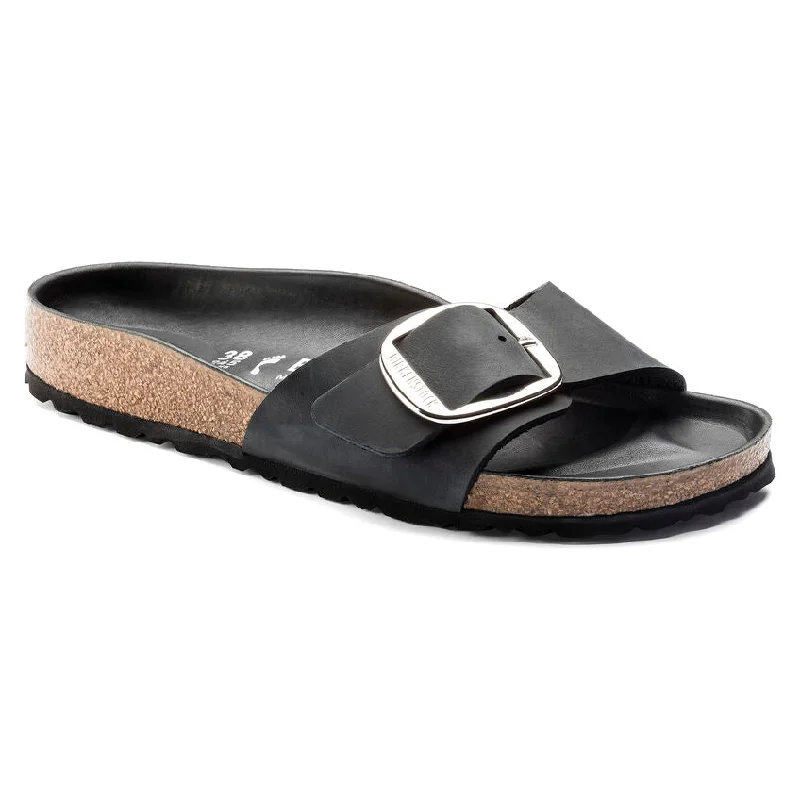 casual sandals for men -Madrid Big Buckle Oiled Leather Black