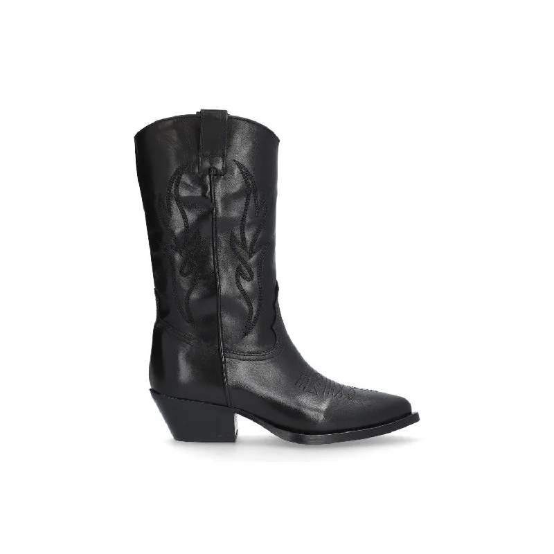 Ankle boots for work wear-Alpe Western 20841705 Ladies Spanish Black Leather Slip On Mid-Calf Boots