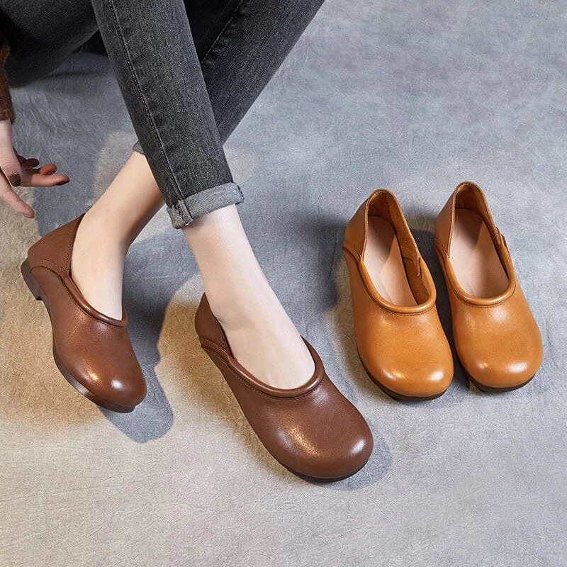 Spring Women Retro Soft Leather Flat Casual Shoes