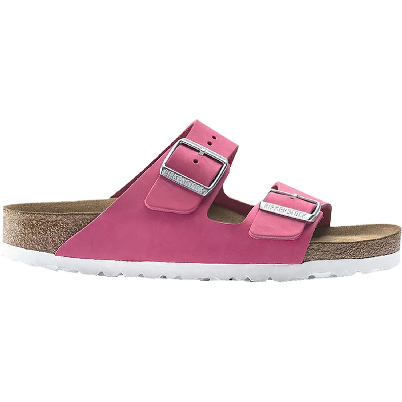 durable sandals for travel -Women's Birkenstock Arizona Soft Footbed Fuchsia Tulip Nubuck