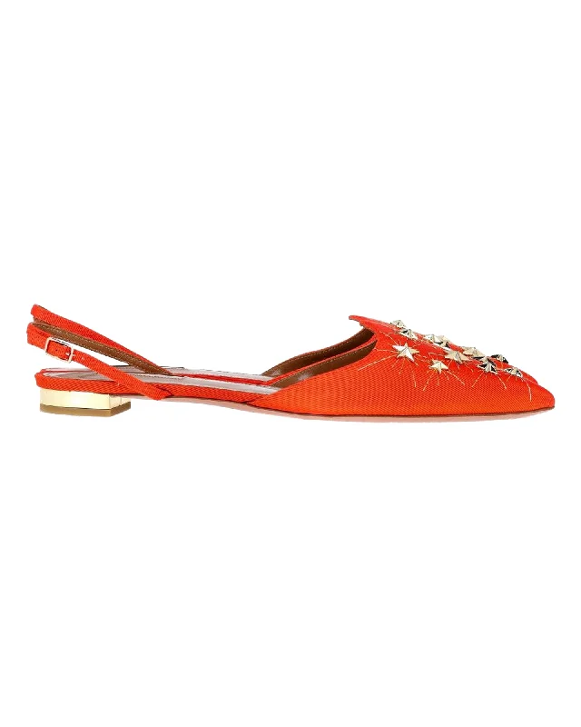 Aquazzura Studded Accents Slingback Flats in Orange Satin