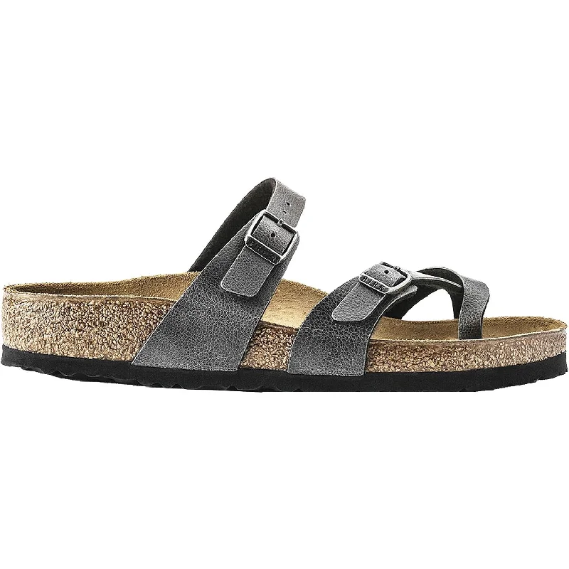 stylish flat sandals for women -Women's Birkenstock Mayari Anthracite Birko-Flor Pull Up