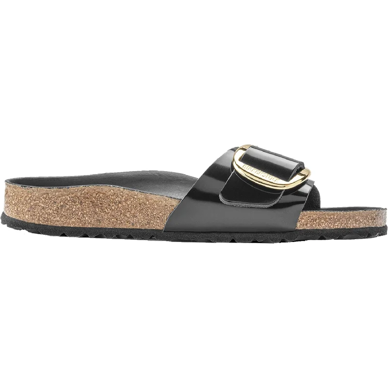 sandals with comfortable footbed for sightseeingWomen's Birkenstock Madrid Big Buckle High Shine Black Leather